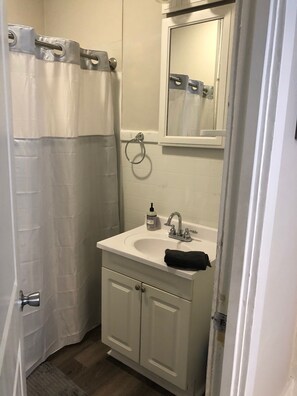 Combined shower/bathtub, hair dryer, towels, soap - Harrison House; Litchfield, IL; Pets welcome (Litchfield)