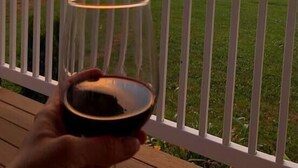 A hand holding a wine glass with a view of a sunset over a mountainous landscape.