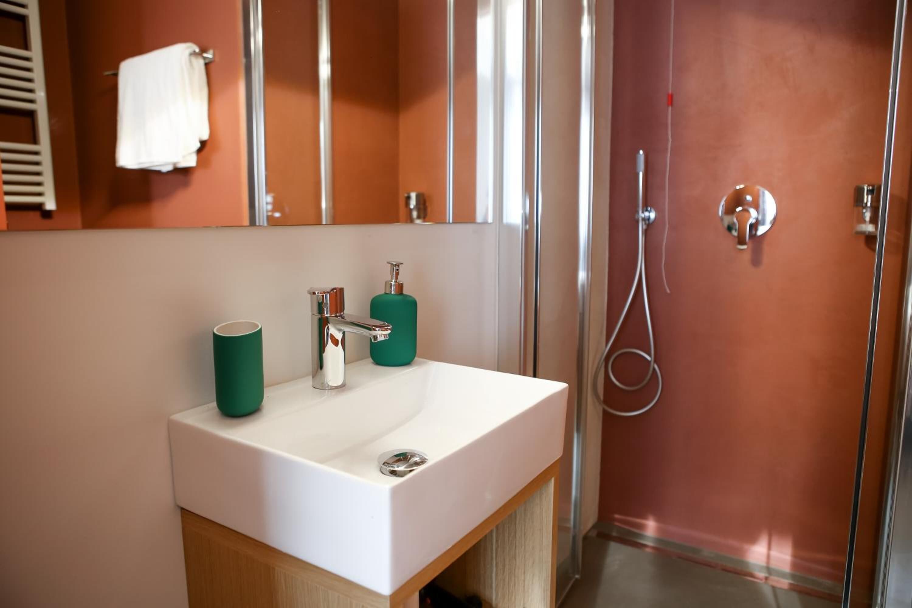 A bathroom with a white sink, green soap dispenser, and a shower with a handheld showerhead.