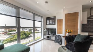 Uma sala de estar moderna com grandes janelas, um sofá preto, uma poltrona verde, uma televisão de tela plana e um armário de madeira.