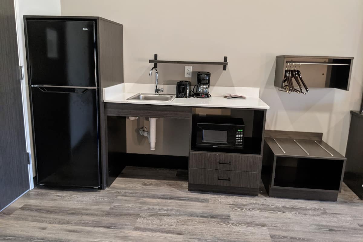 full-sized fridge, microwave, coffee/tea maker, toaster