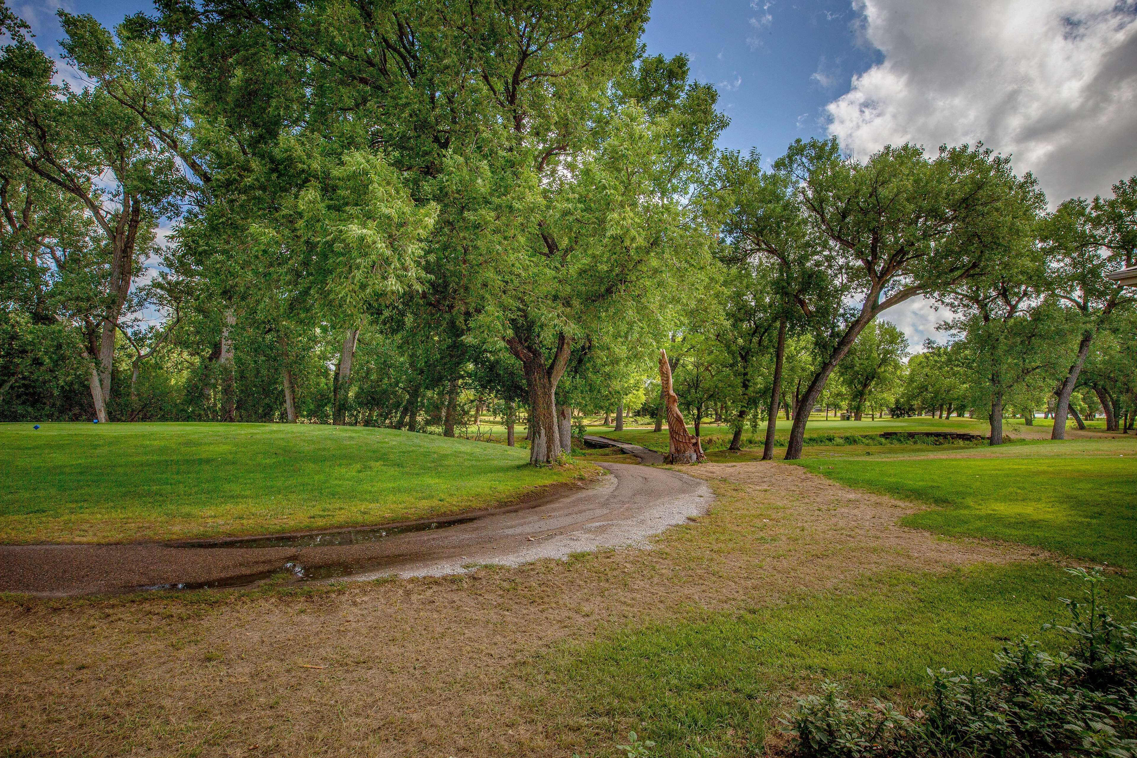 A park with a winding dirt path, surrounded by lush green trees and grass.