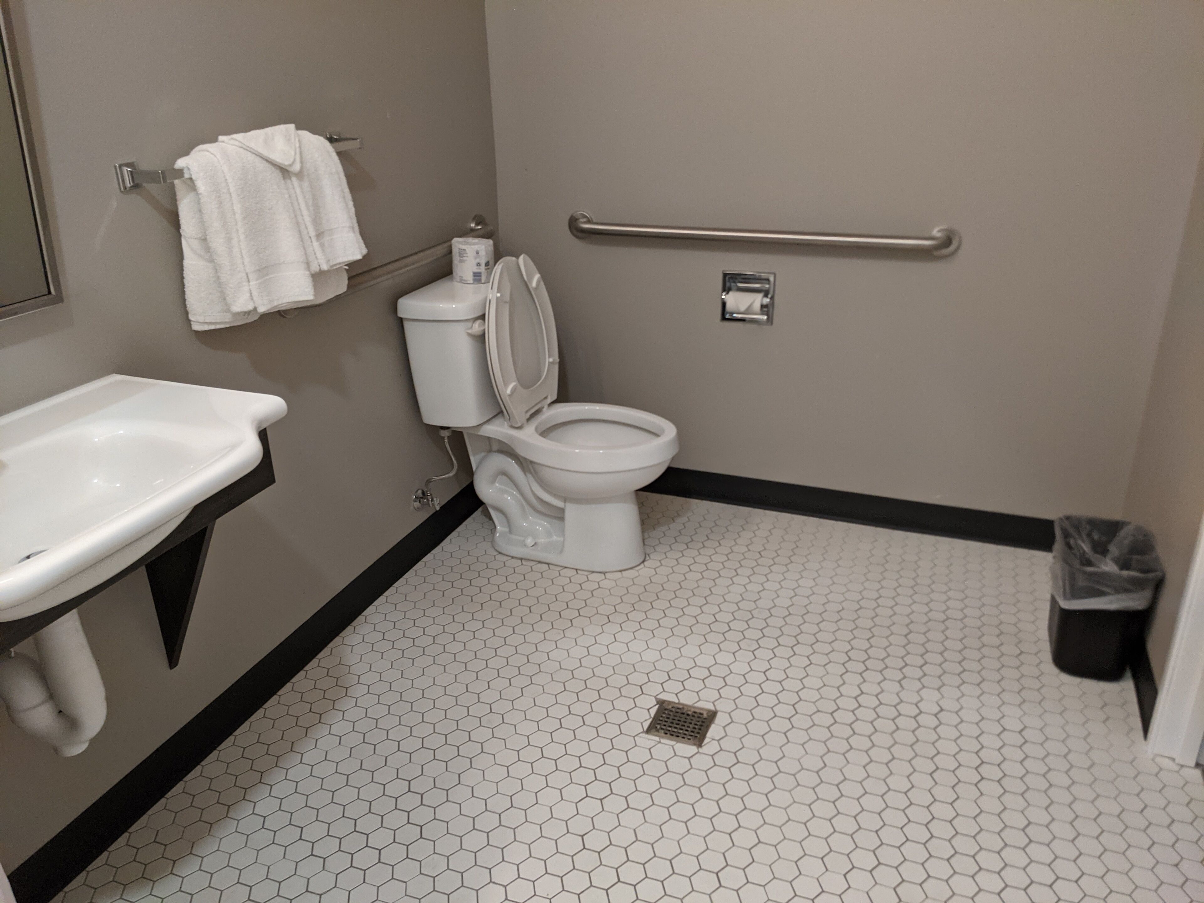 A bathroom with a white sink, toilet, and a handrail.