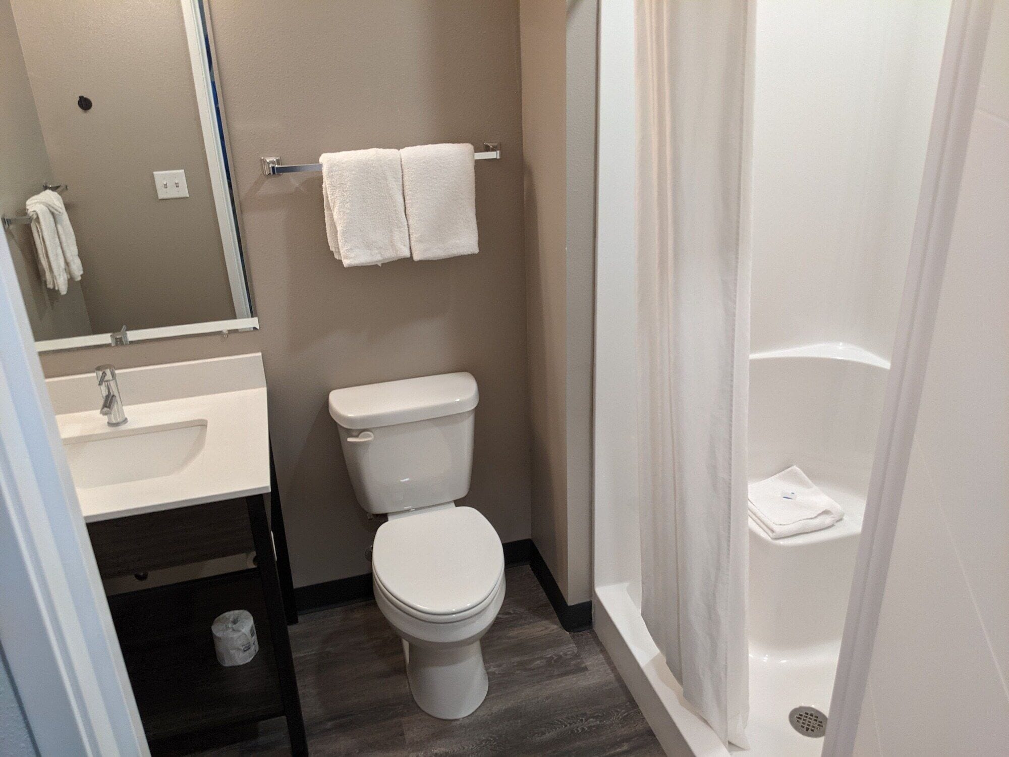 A bathroom with a toilet, sink, and shower.