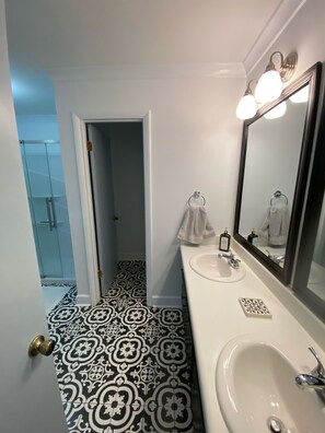 Hair dryer, towels, soap, shampoo