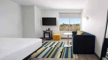 Hypo-allergenic bedding, in-room safe, laptop workspace