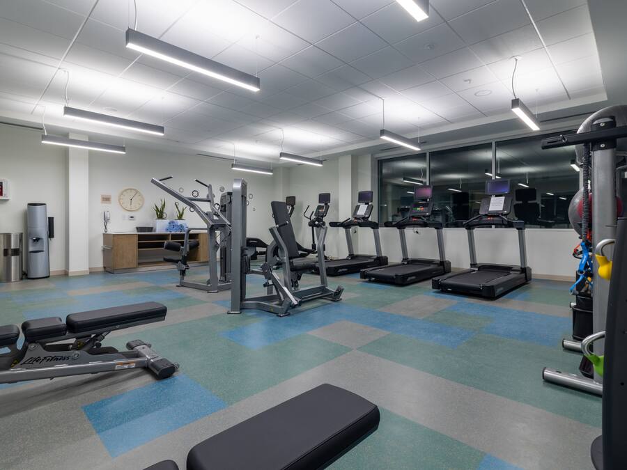 Una palestra con tapis roulant, macchinari ellittici e attrezzature per l'allenamento con i pesi.