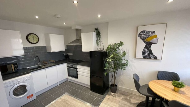 Een moderne keuken met een ingebouwde wasmachine, een eethoek met tafel en stoelen, en een kamerplant.