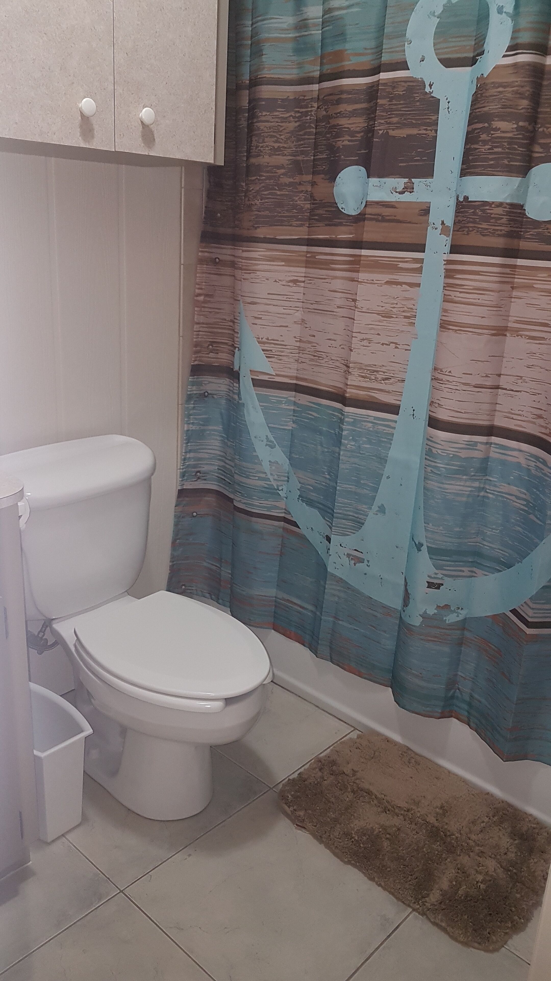 Een badkamer met een toilet, een prullenbak, een douchegordijn met ankerprint en een bruin kleed.