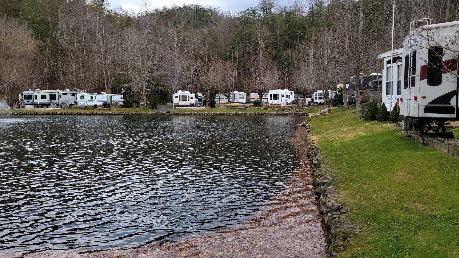 A lakeside RV park with multiple RVs parked along the shore.