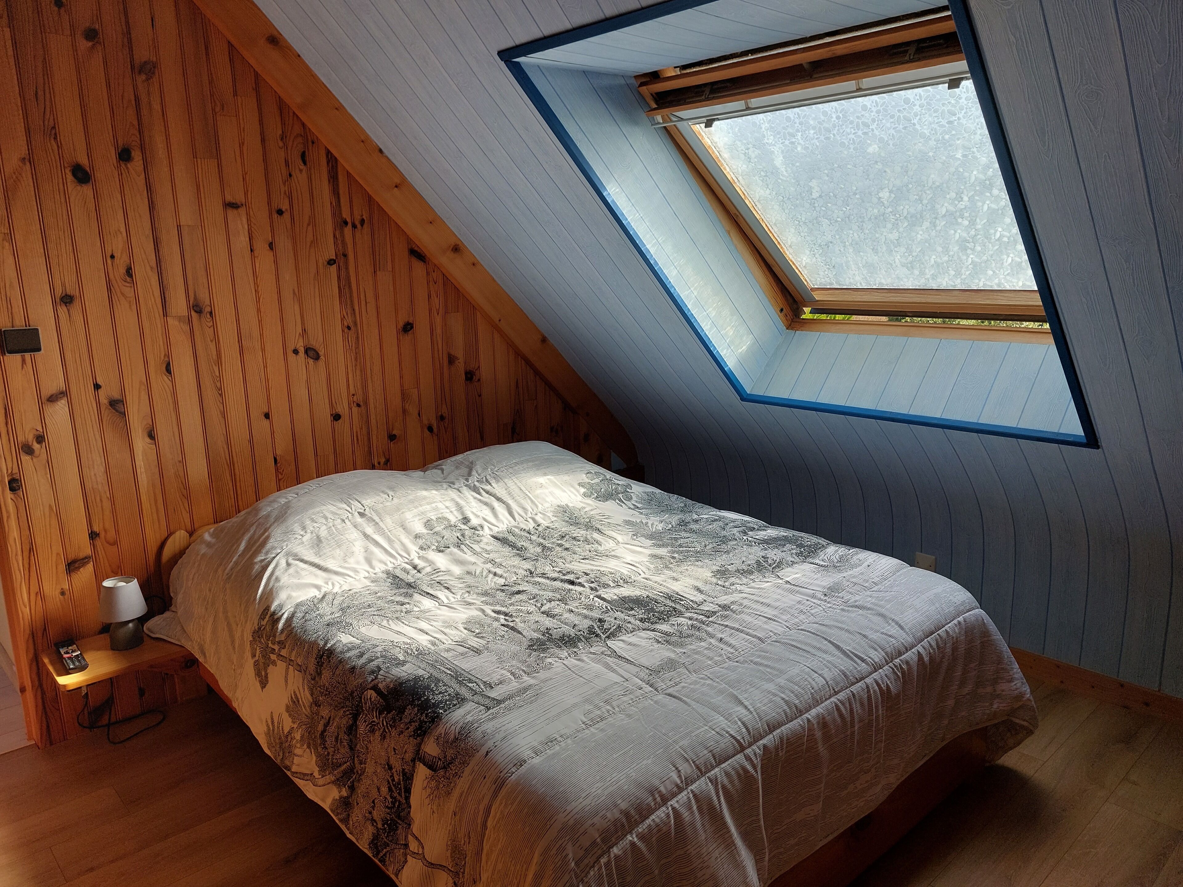A bedroom with a sloped ceiling, a skylight, a bed with a patterned bedspread, a bedside table with a lamp, and a wooden floor.