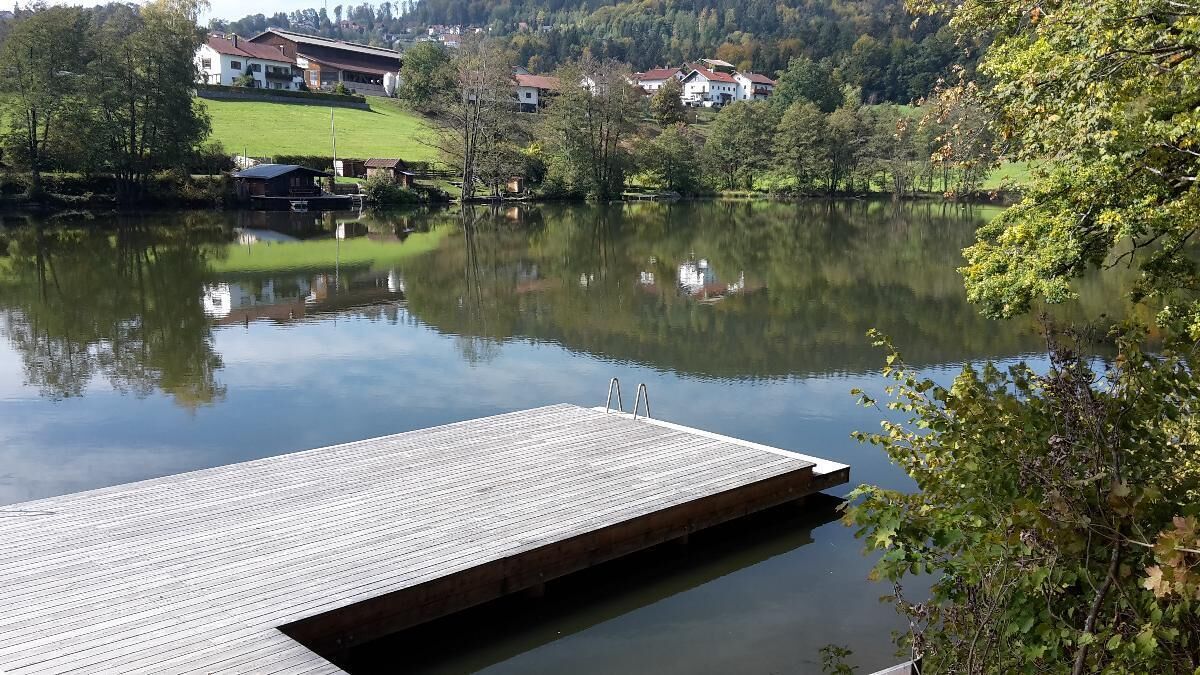 A wooden dock extending into a calm lake with reflections of surrounding trees and buildings.
