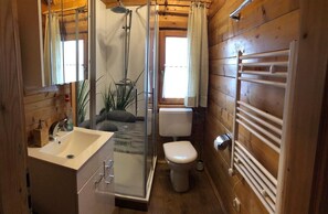 Une petite salle de bain en bois, avec une cabine de douche en verre, des toilettes et un lavabo agrémenté d’un miroir.