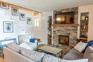 Smart TV, chimenea y libros 