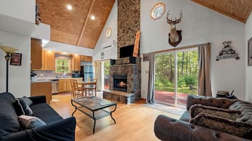 Smart TV, chimenea, reproductor de DVD, libros