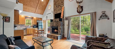 Smart TV, fireplace, DVD player, books