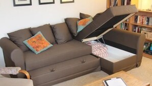 Un canapé marron avec une fonction convertible, une table basse en bois et une bibliothèque en arrière-plan.