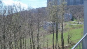 Une vue d’un quartier résidentiel avec un grand immeuble d’appartements, des arbres sans feuilles et une zone herbeuse.