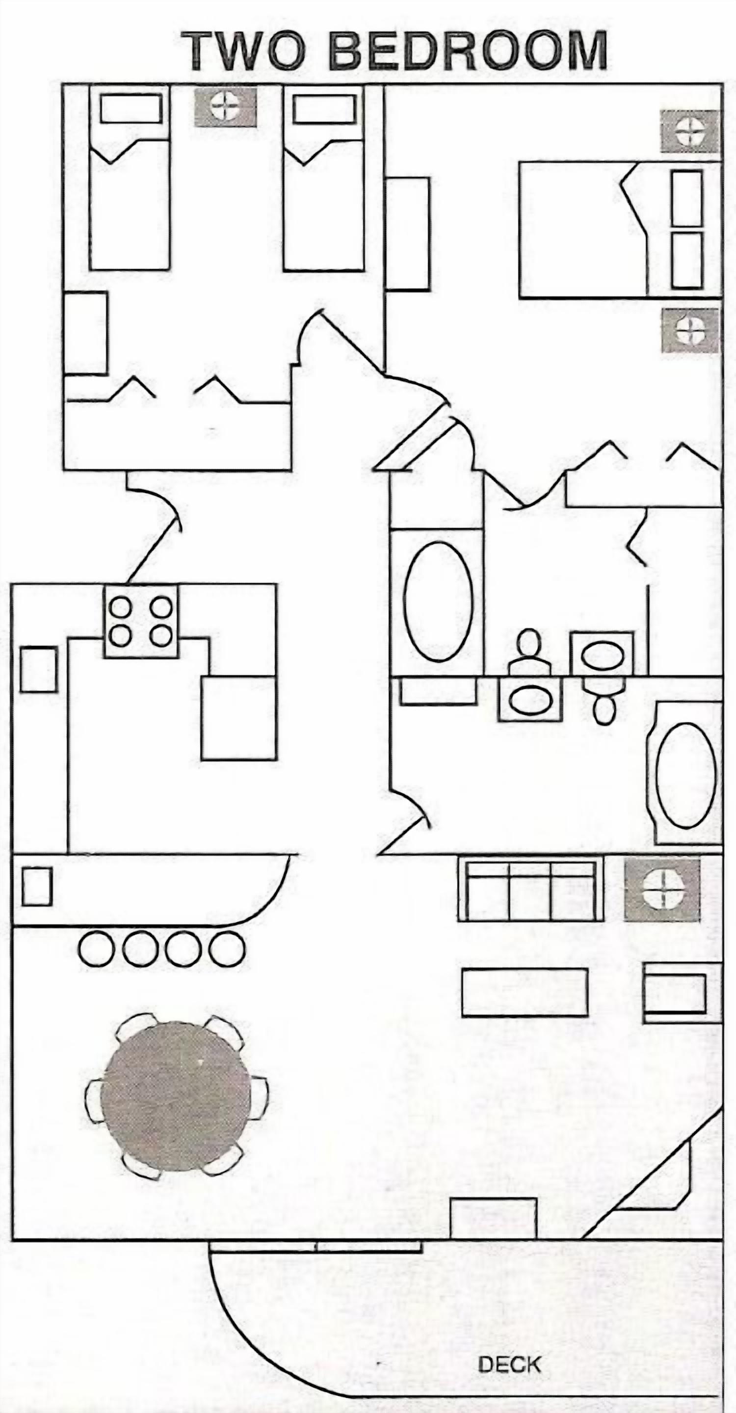 A two-bedroom layout with a kitchen, dining area, and a deck.