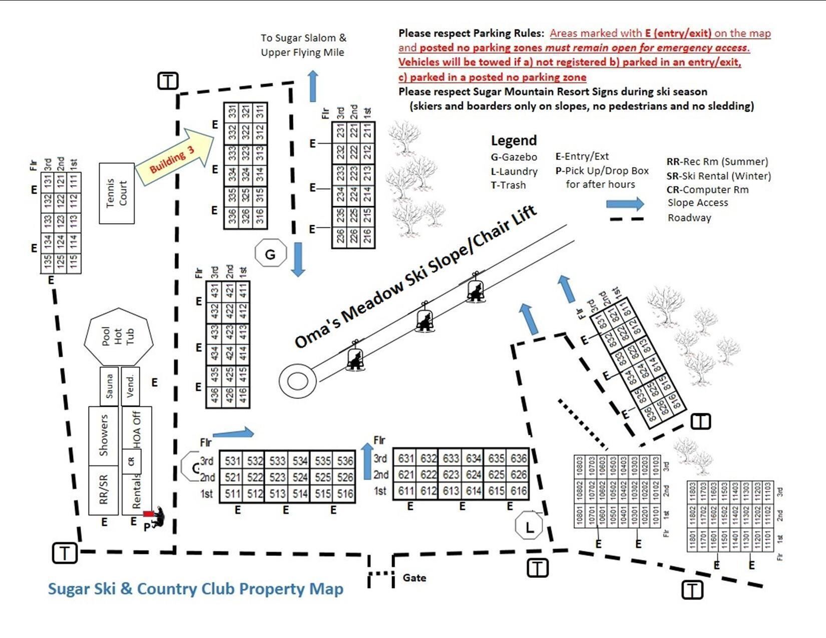 A property map with various amenities like tennis courts, a pool, and ski slopes.