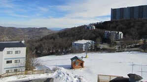 A snowy landscape with a small cabin and a multi-story building in the background.