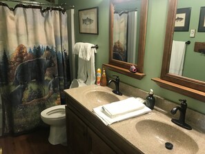 A bathroom with a shower curtain depicting bears, a toilet, a sink with a faucet, and a mirror. - Sugar Ski & Country Club Unit 824 Platinum (Banner Elk)