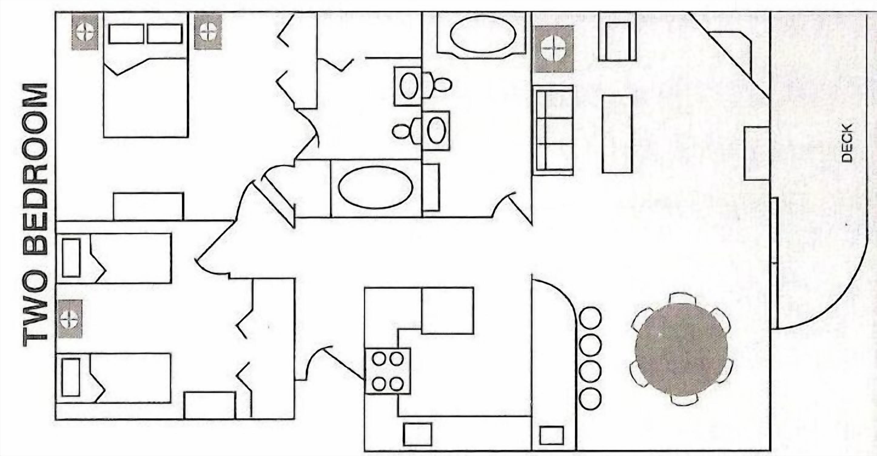 A two-bedroom layout with a kitchen, dining area, and a deck.