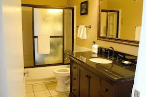 A bathroom with a glass shower enclosure, a toilet, a sink, and a mirror. - Sugar Ski & Country Club Unit 414 Silver (Banner Elk)