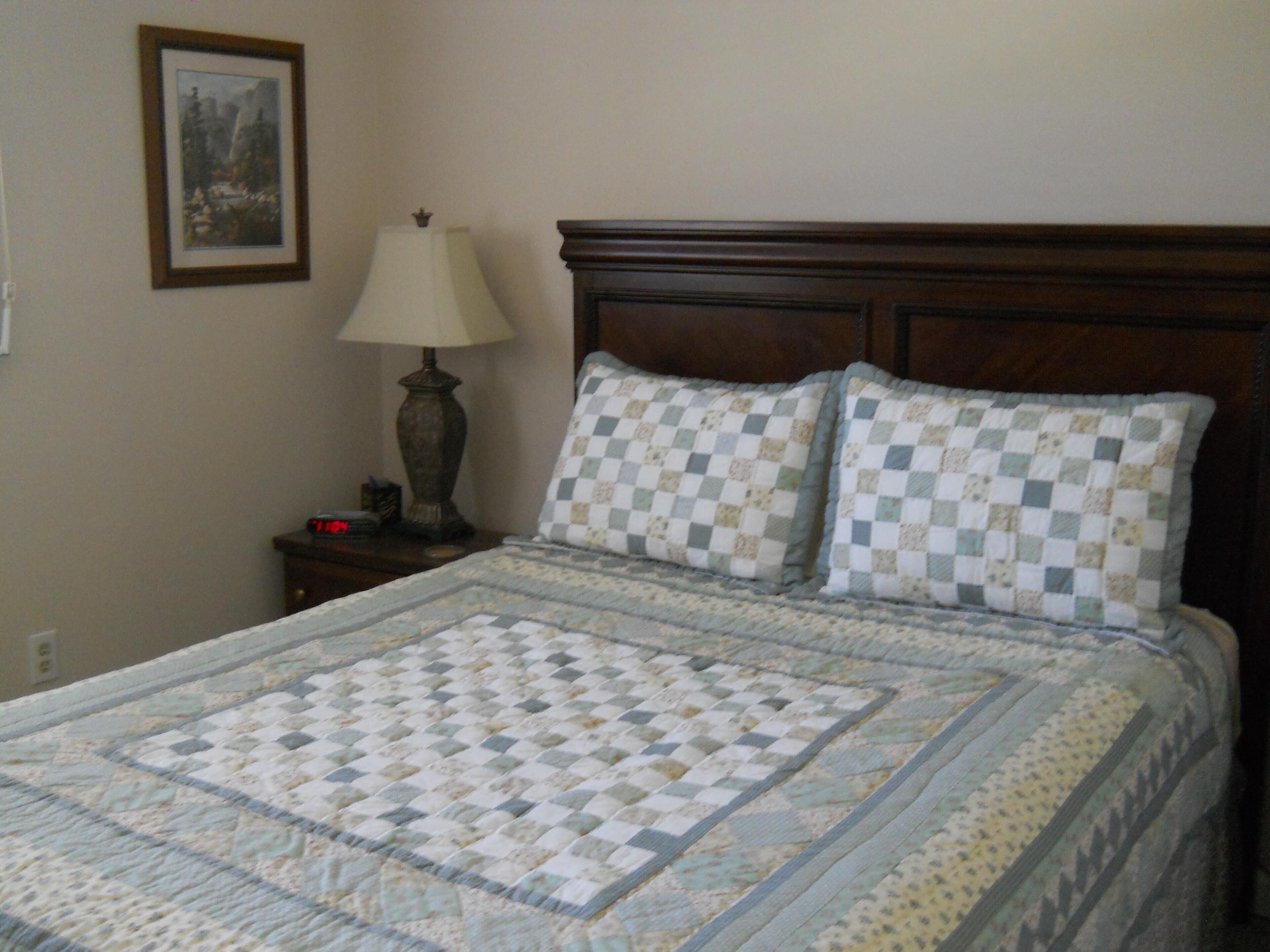 A neatly made bed with a checkered quilt, a wooden headboard, a bedside lamp, and a framed picture on the wall.