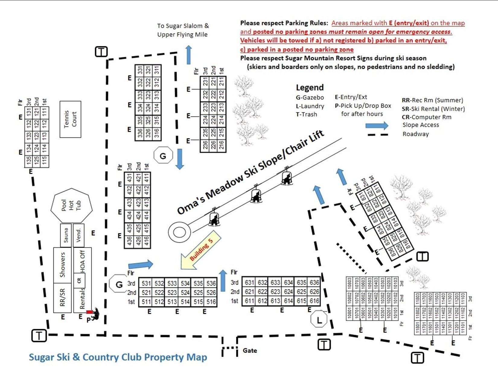 A property map of Sugar Ski & Country Club with marked amenities like tennis courts, a pool, and a ski slope.