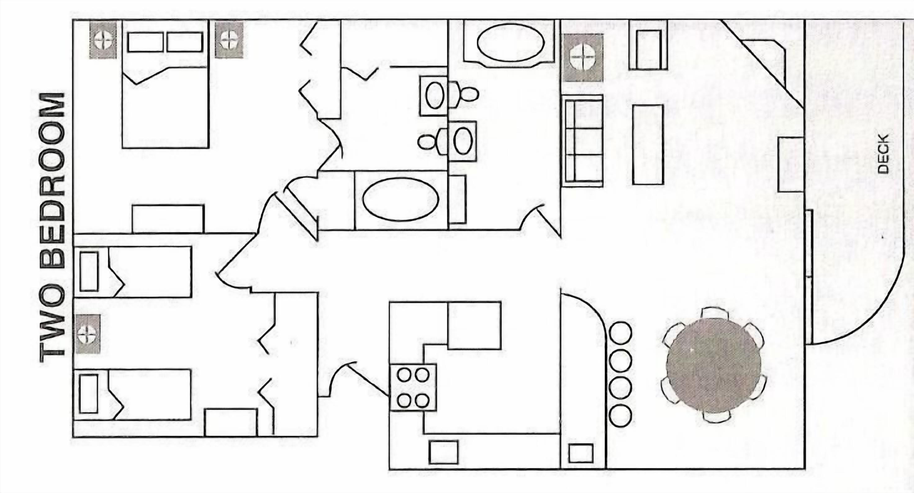 A two-bedroom layout with a kitchen, dining area, and a deck.