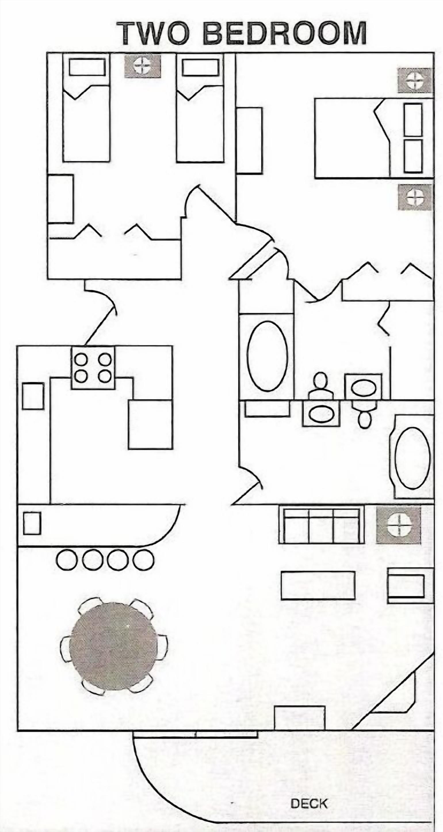 A two-bedroom layout with a kitchen, a dining area, and a deck.