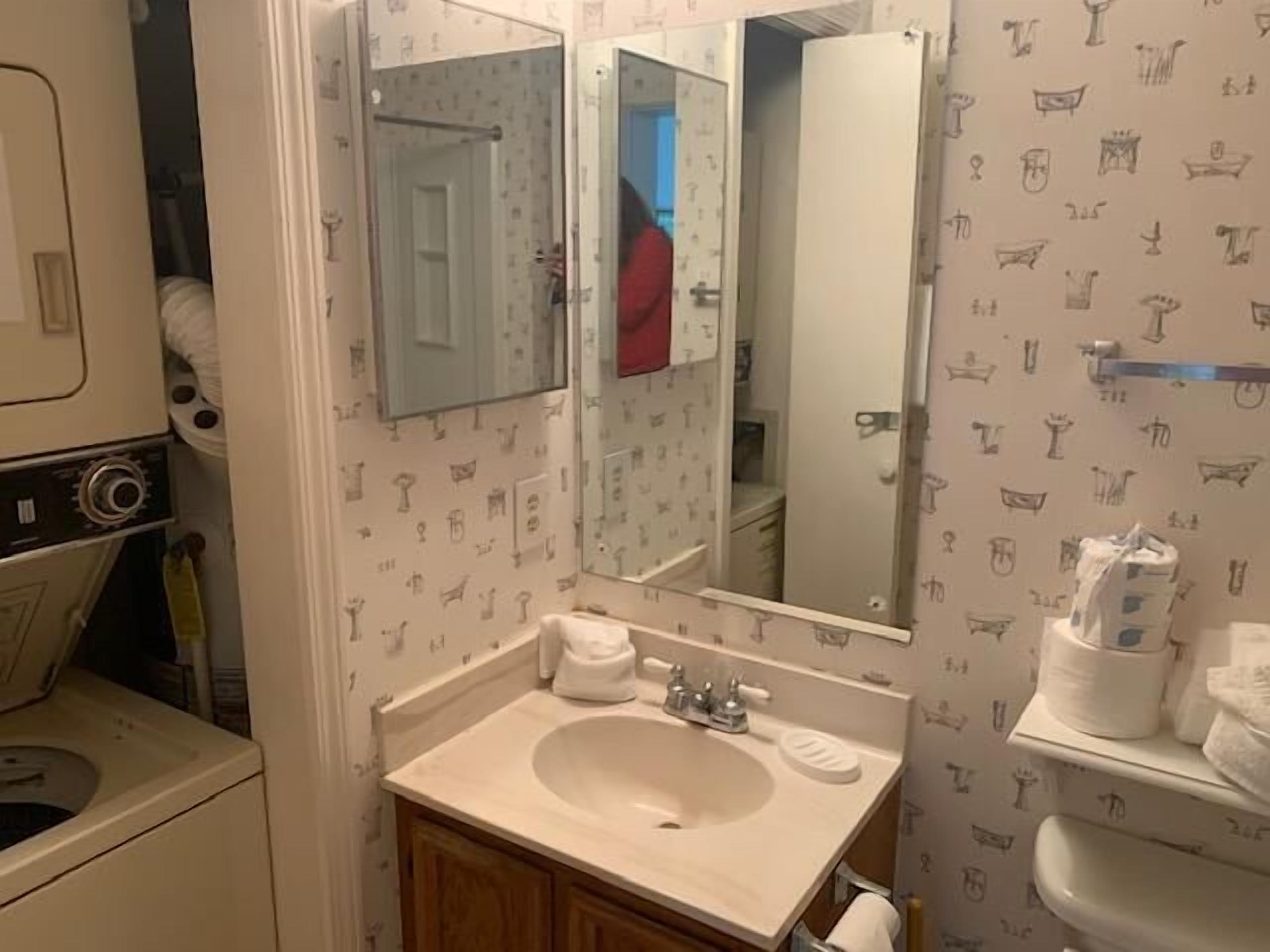 A bathroom with a sink, mirror, and patterned wallpaper.