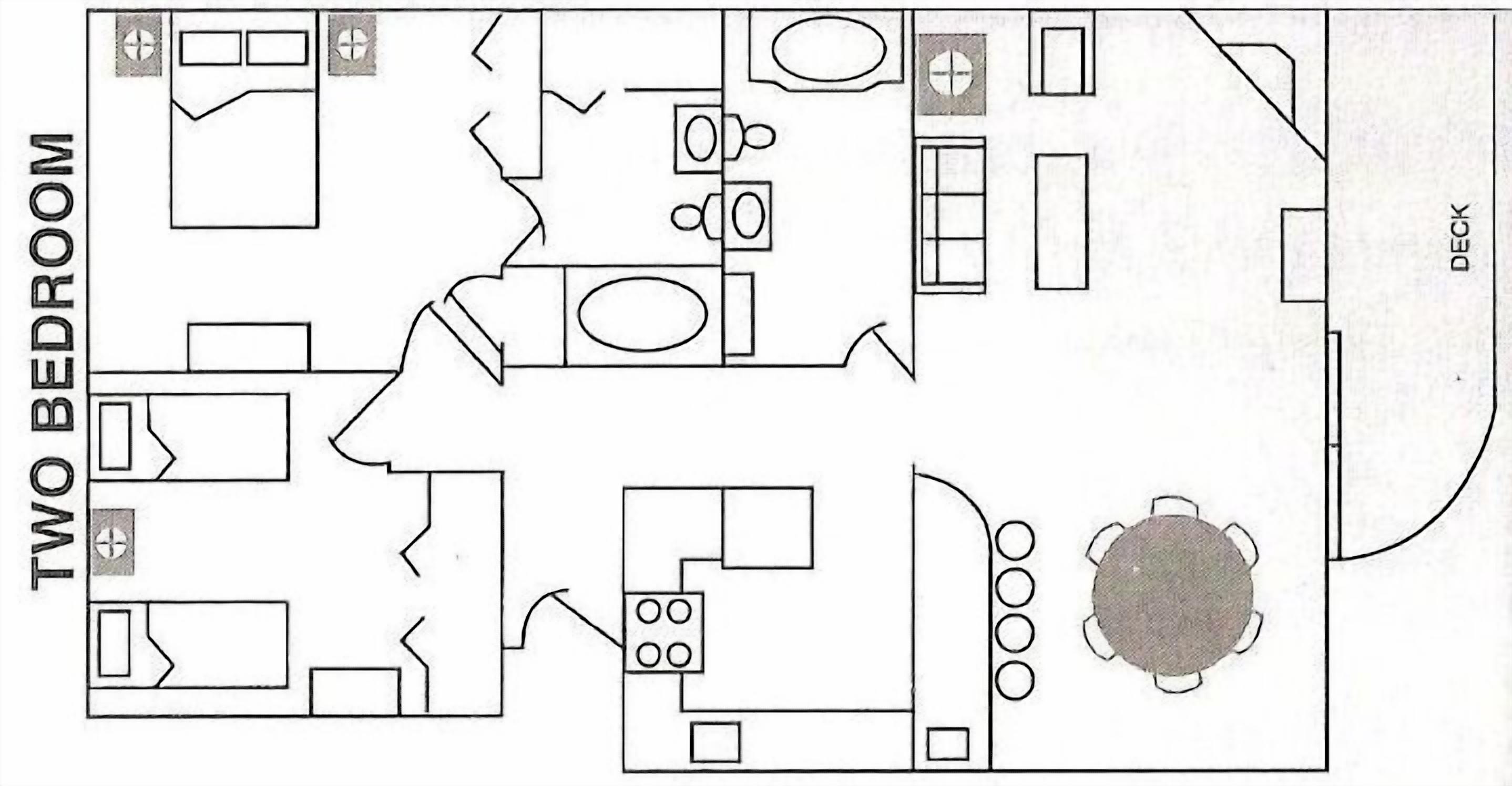 Een plattegrond van een appartement met twee slaapkamers, een keuken, een eetruimte en een terras.