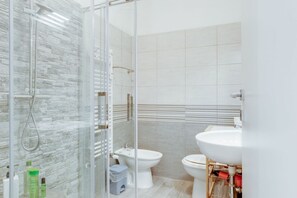 Shower, hair dryer, bidet, towels