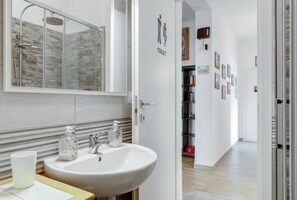 Shower, hair dryer, bidet, towels