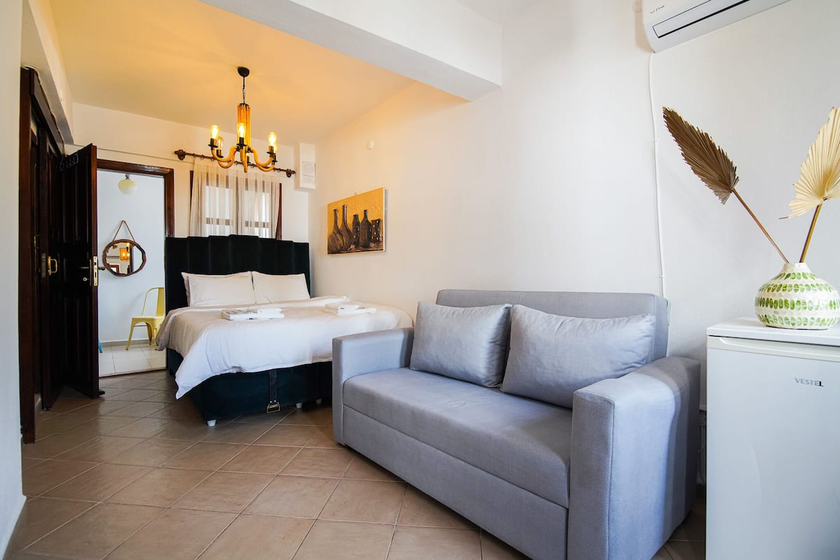 A bedroom with a bed, a grey sofa, a small white fridge, and a chandelier.