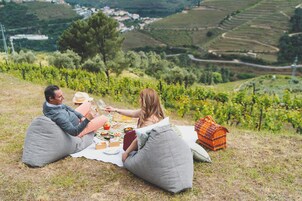 Un montaje para picnic con una mesa, comida y una cesta en una colina cubierta de césped con vistas a viñedos.