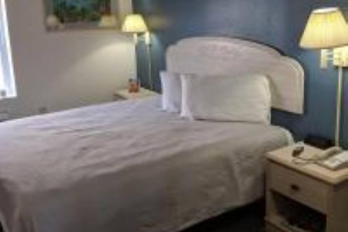 A hotel room with a bed, nightstands, lamps, and a painting on the wall.