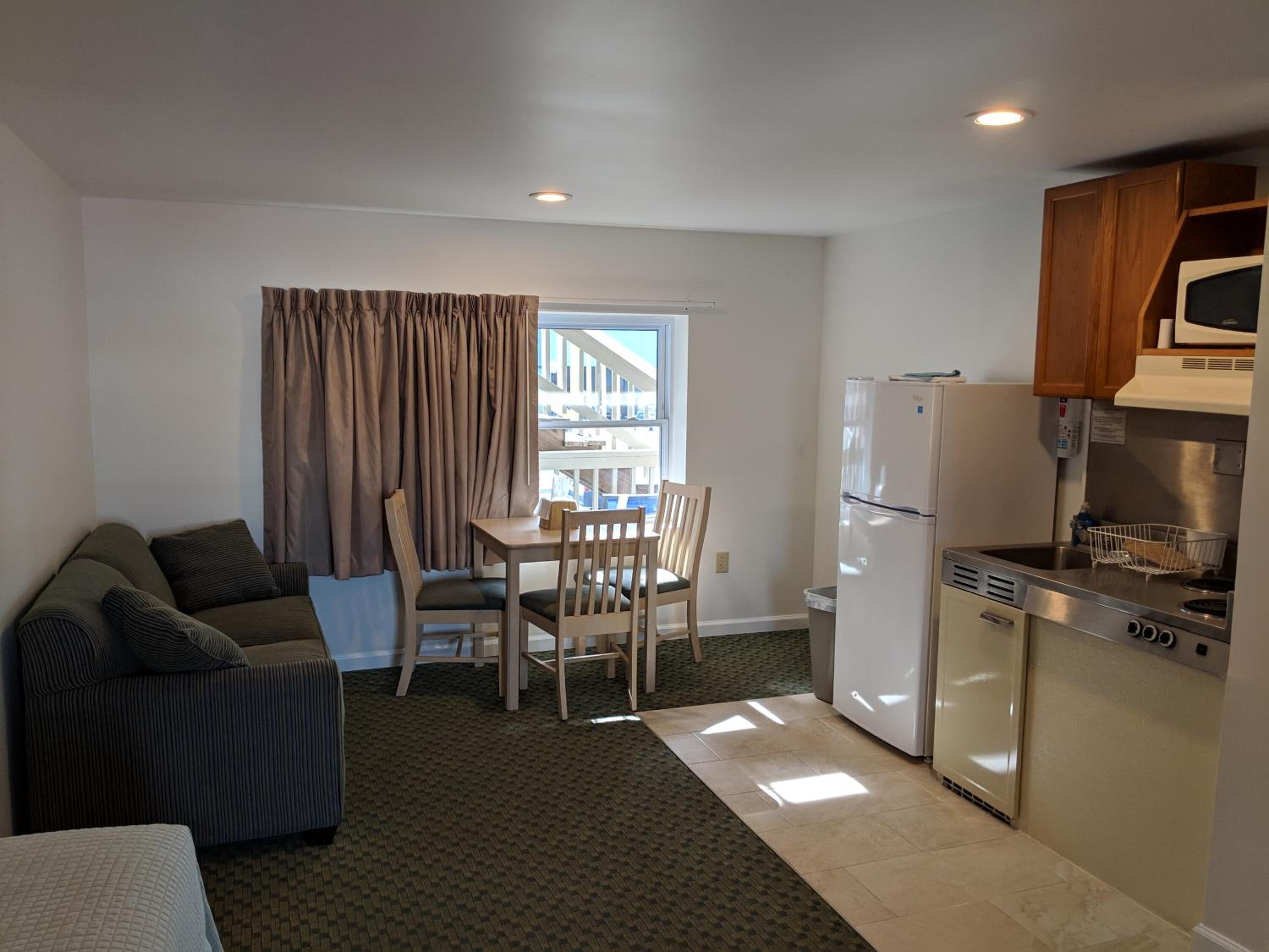 Un espacio habitable compacto con kitchenette, comedor y sofá.