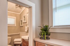 A bathroom with a toilet, sink, vanity, and a potted plant. - Old City St Augustine (St. Augustine)