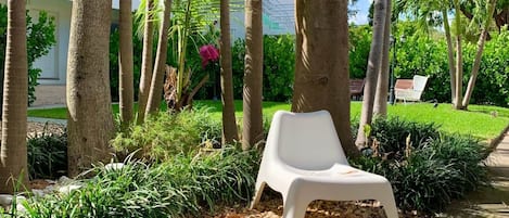 A garden area with two white plastic chairs, a pathway, and palm trees.