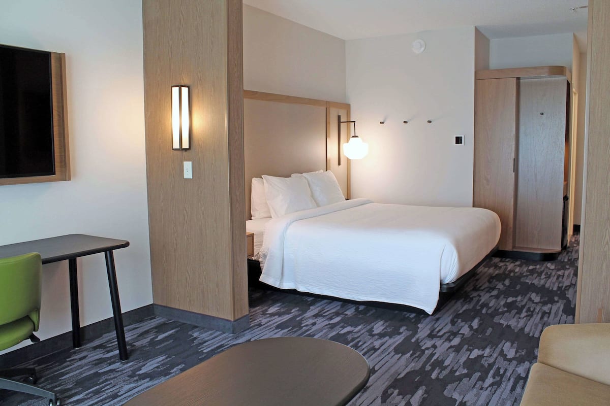 Una habitación de hotel con cama, escritorio, silla y armario.