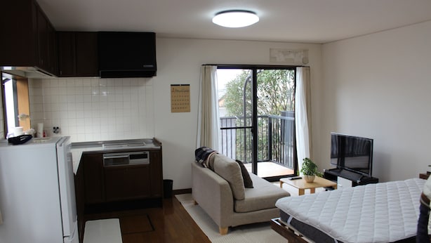 Un espai habitable reduït amb una cuineta, un sofà, un llit i una televisió.