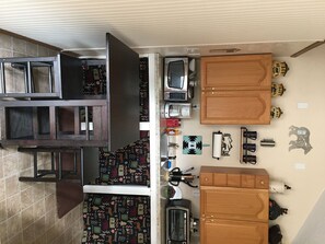 Fridge, microwave, coffee/tea maker, toaster