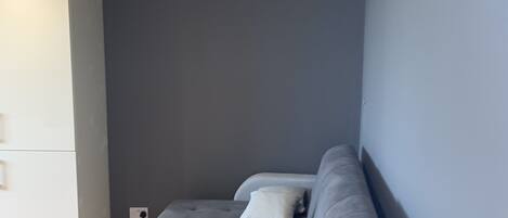 A modern living room with a grey sofa, a white cabinet, and a wooden floor.