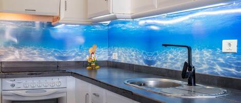 Fridge, oven, stovetop, coffee/tea maker