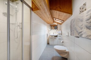 Shower, hair dryer, towels - Holiday Apartment "Bergblick" with Roof Terrace, Garden with Pool (Lana/Völlan)