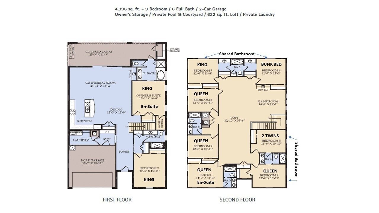 A 4,396 sq. ft. apartment layout with 9 bedrooms, 6 full baths, and a 2-car garage.