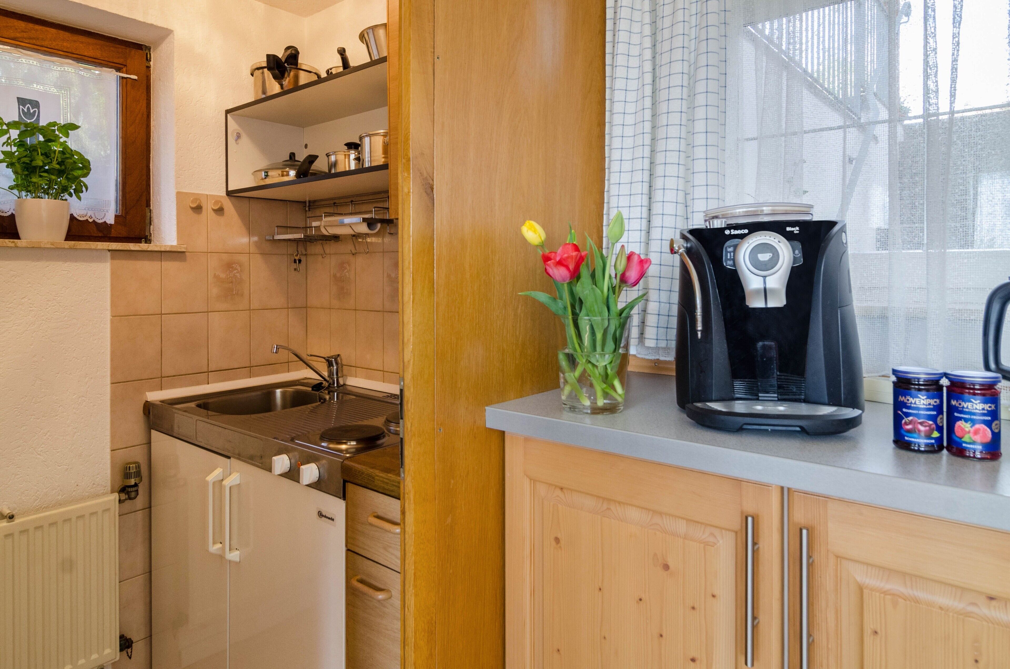 Kühlschrank, Mikrowelle, Herdplatte, Wasserkocher mit Kaffee-/Teezubehör